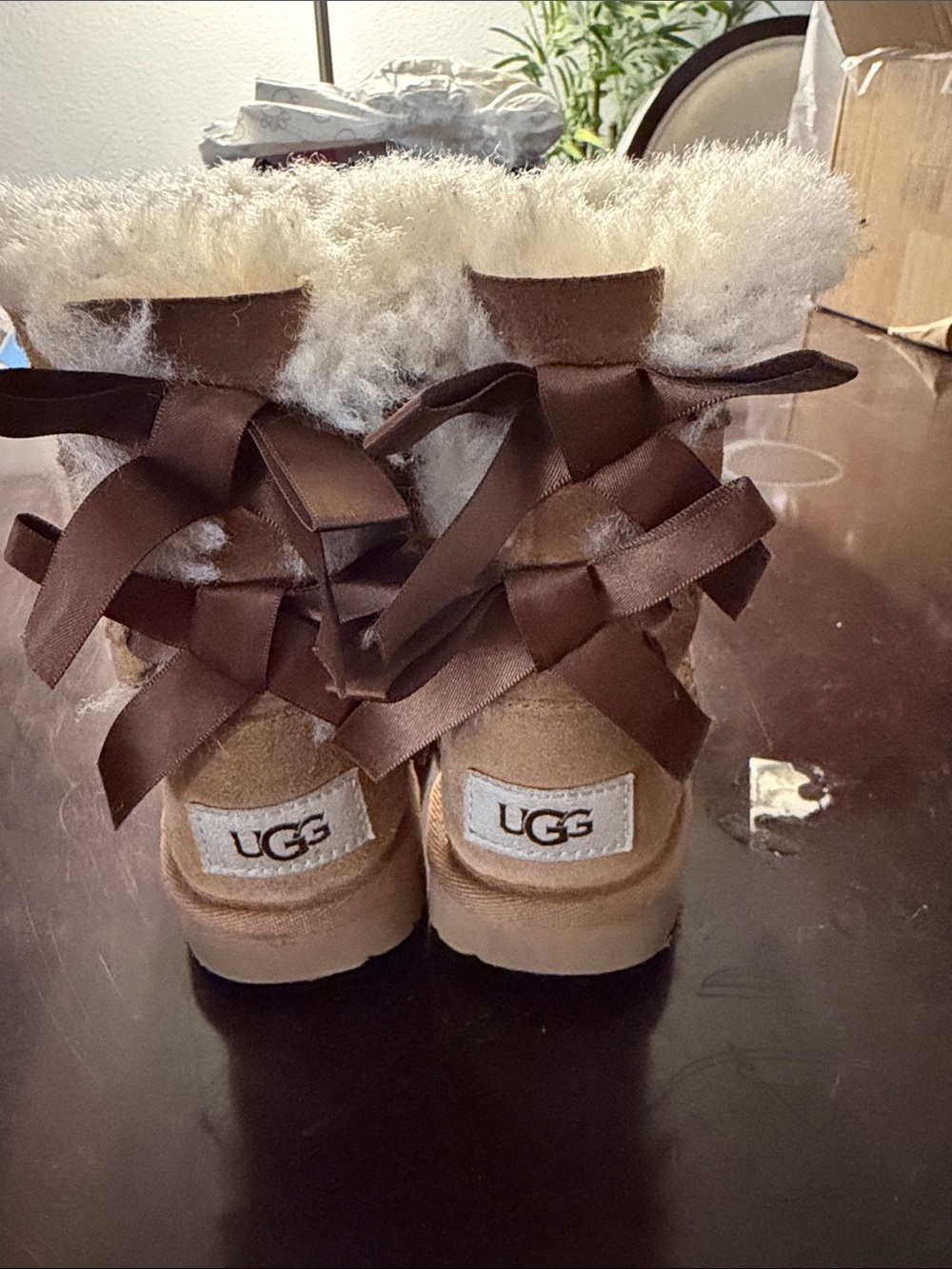 UGG Chestnut Suede Bailey Bow Booties with Ivory Shearling